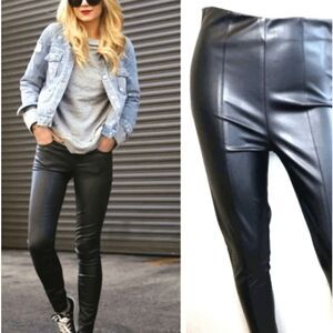 Revamped Faux Leather Leggings Exposed Side Zipper Front Seams Black Size XS